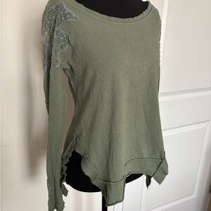 FP Movement by Free People Sage Green Long Sleeve Lace-Shoulder Top